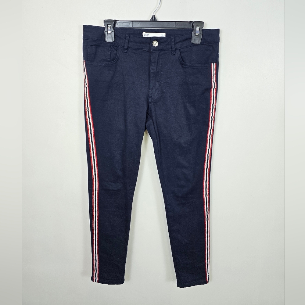 Zara Z1975 Denim Skinny Jeans Size 10 Navy Side Stripe Ankle